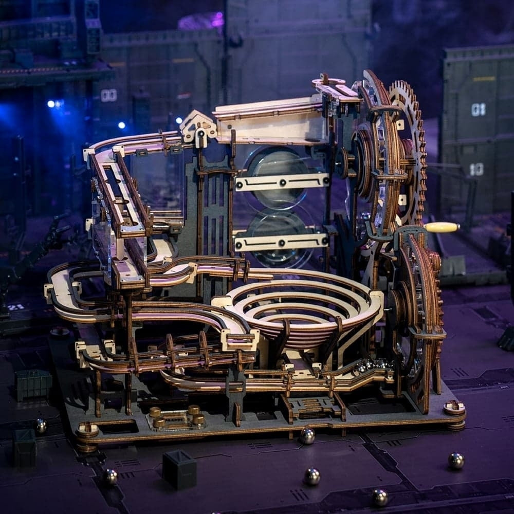 Mechanical model with gears and intricate design on a dark background