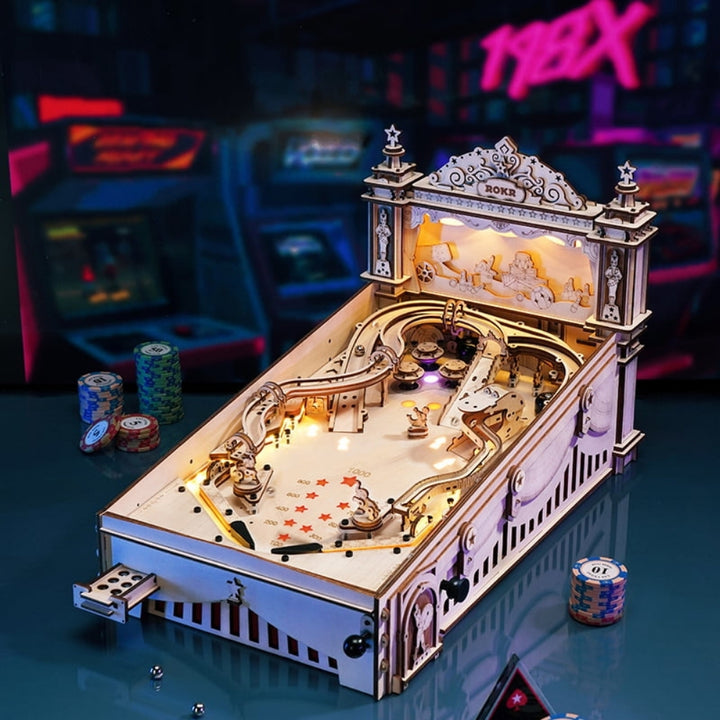 Detailed model of a pinball machine with neon lights in an arcade setting