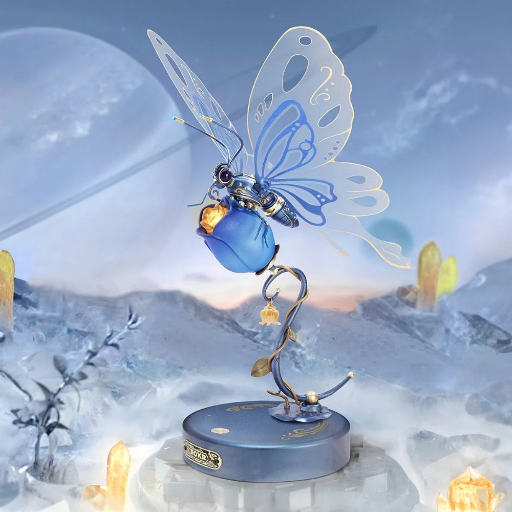 Decorative butterfly figurine on a stand with a fantasy landscape background