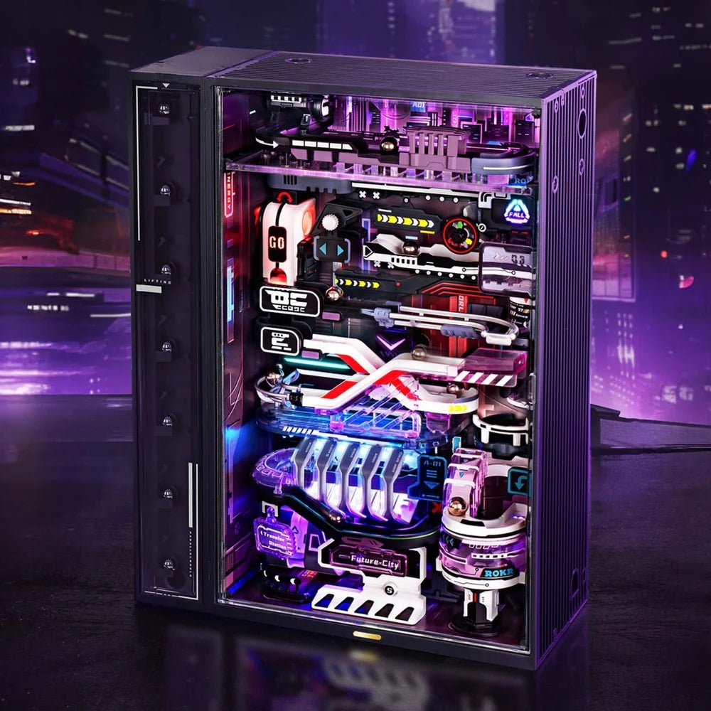 Glossy computer case with visible internal components against a blurred cityscape background