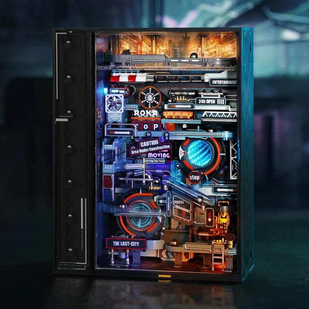 Glowing interior of a computer case with various components and lights.