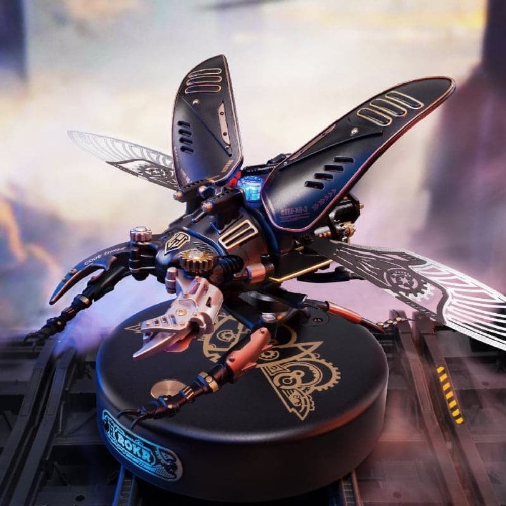 Close-up of a detailed mechanical model with intricate design on a blurred background