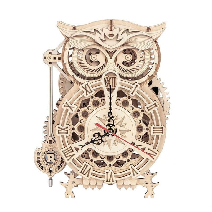 Wooden mechanical owl clock on a white background