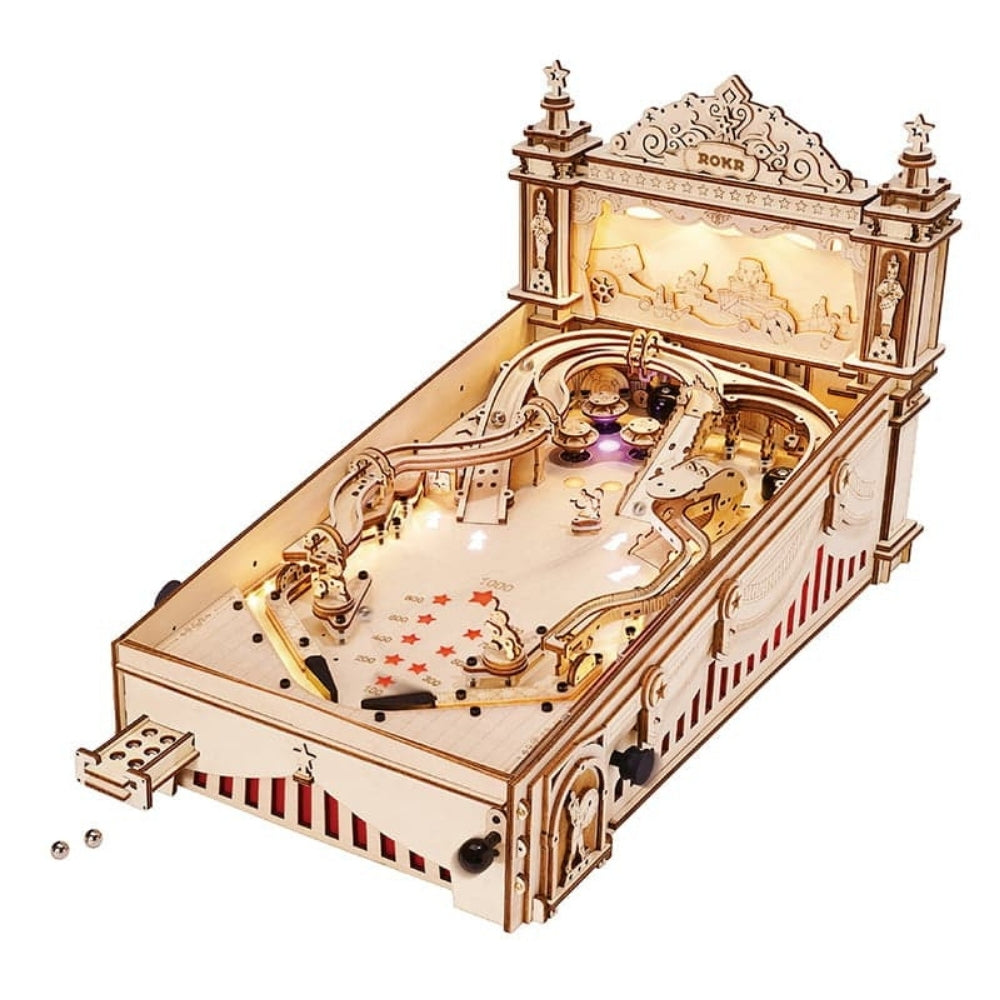 Wooden mechanical model with intricate details on a white background