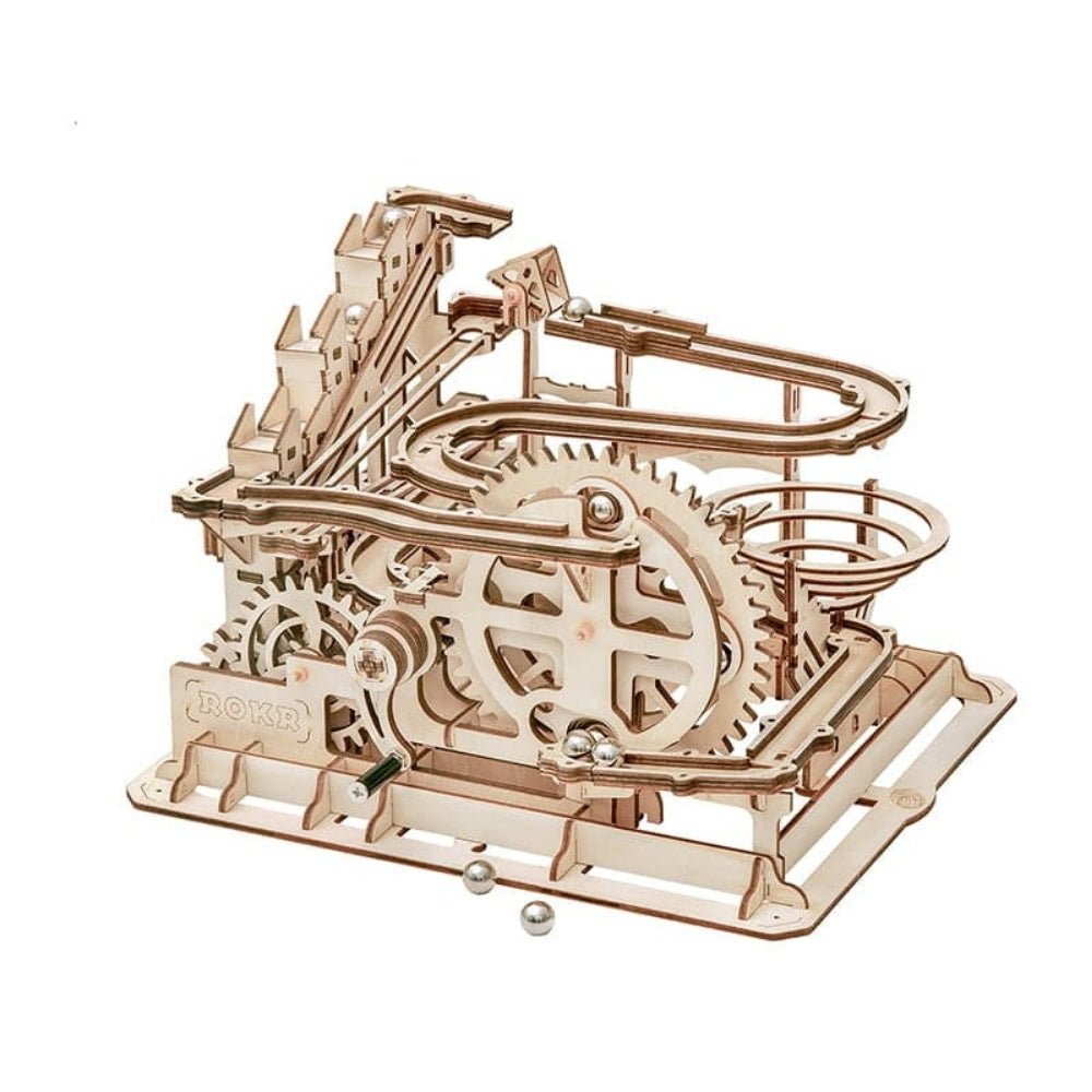 Wooden mechanical model kit on a white background