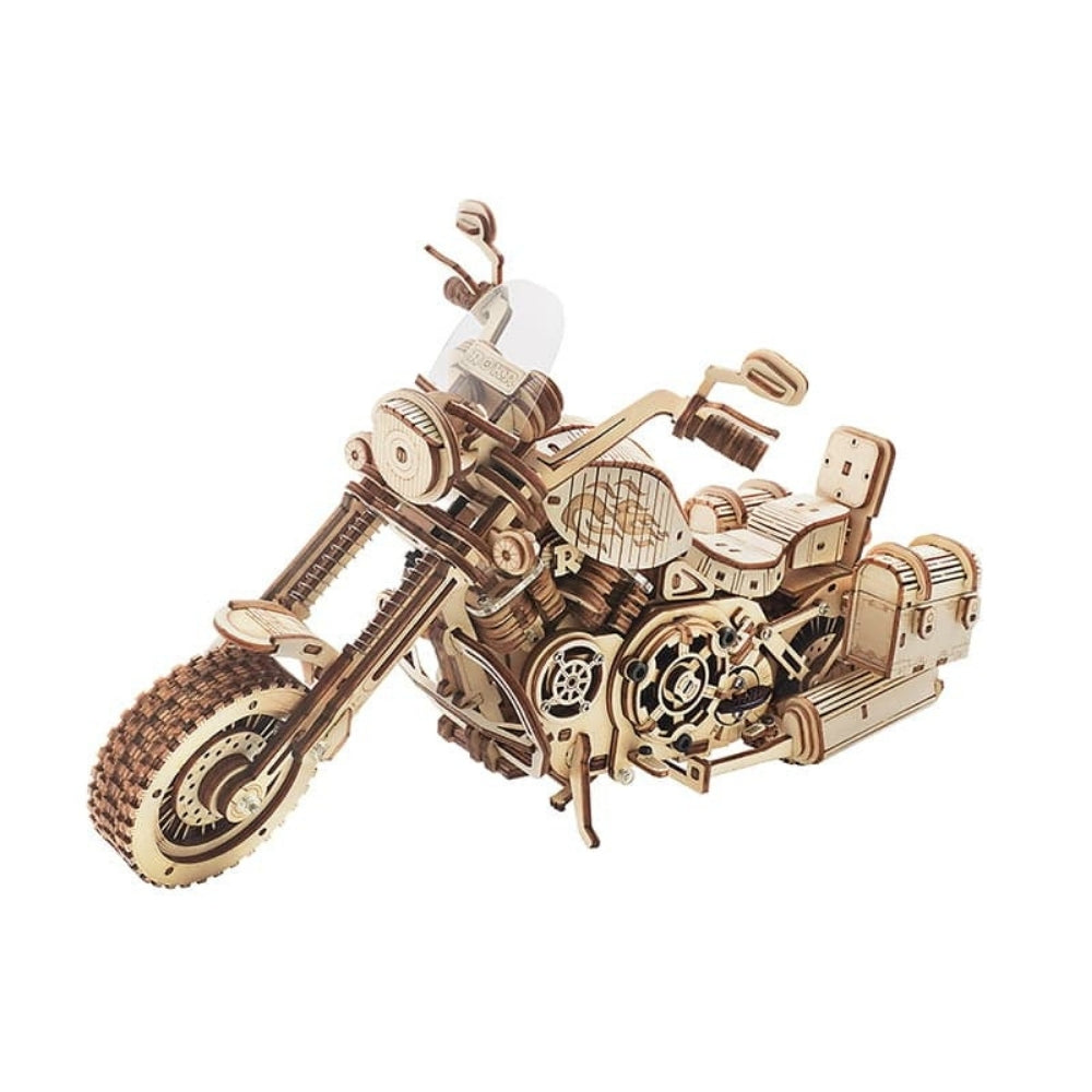 Wooden motorcycle model on a white background
