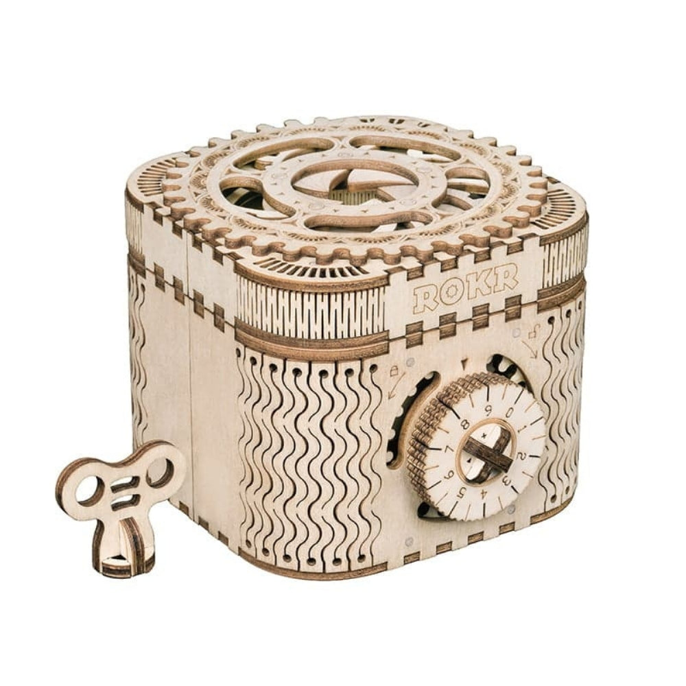 Wooden mechanical model with intricate gears and 'ROKR' branding on a white background