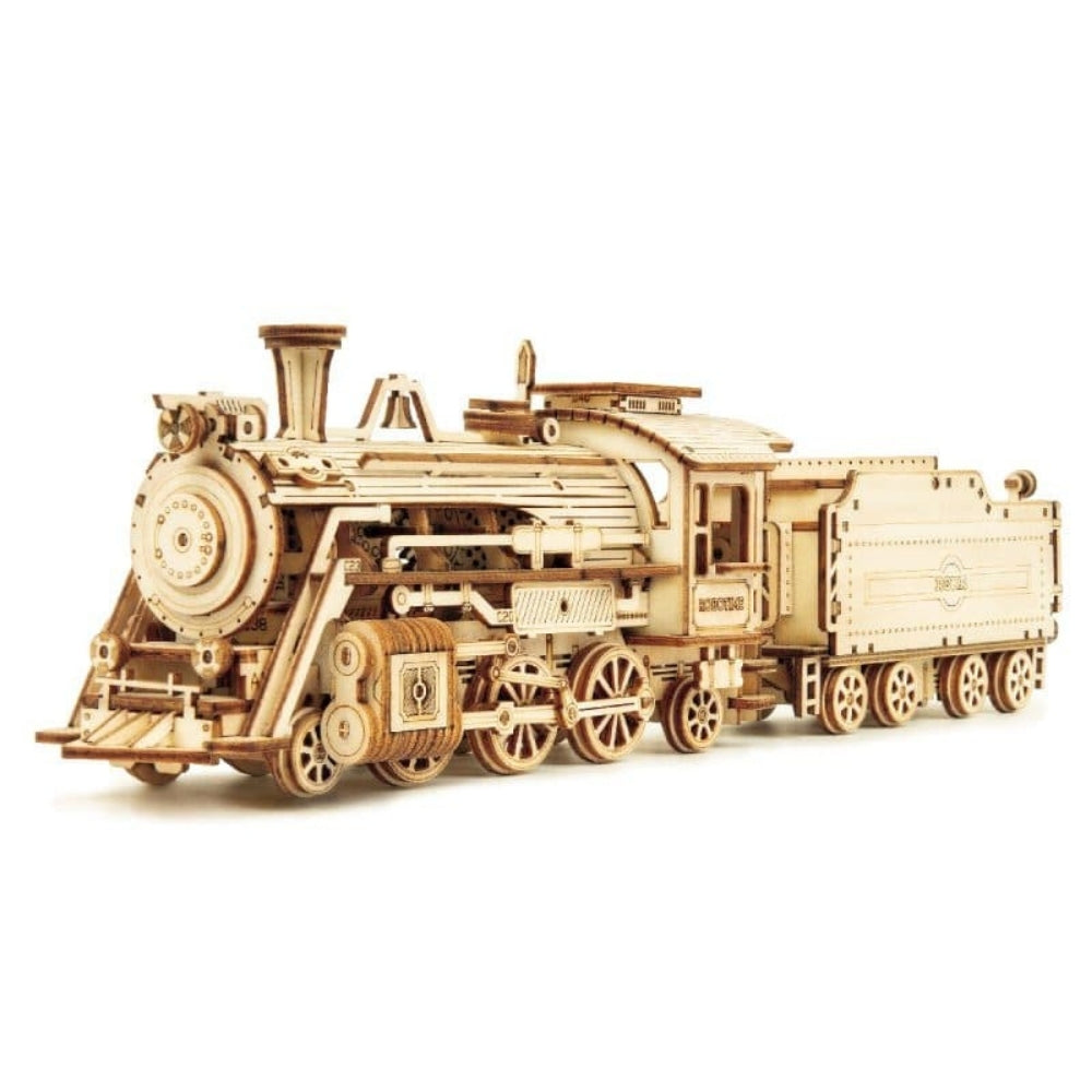 Wooden model train set on a white background
