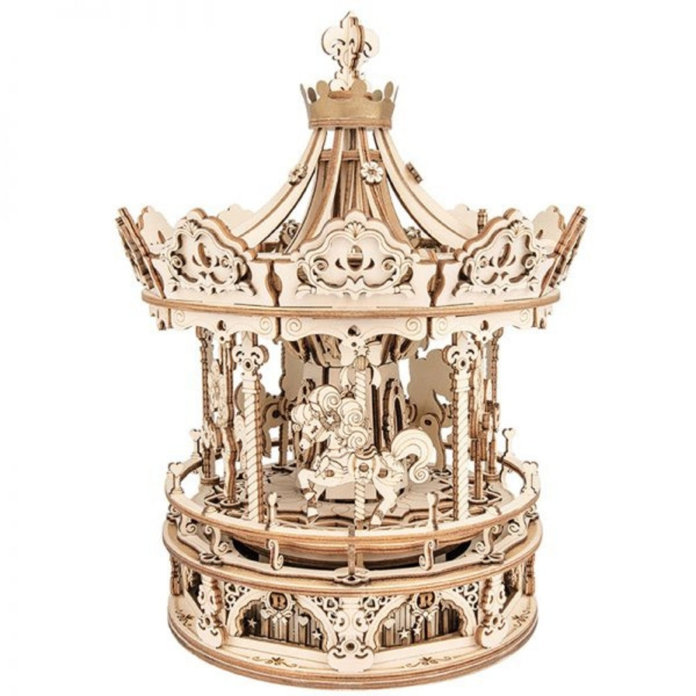 Wooden carousel model on a white background