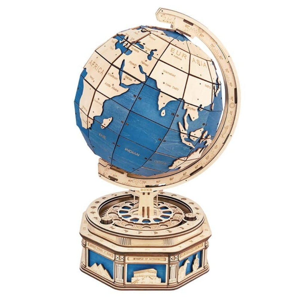 Wooden globe model with blue and beige colors on a white background