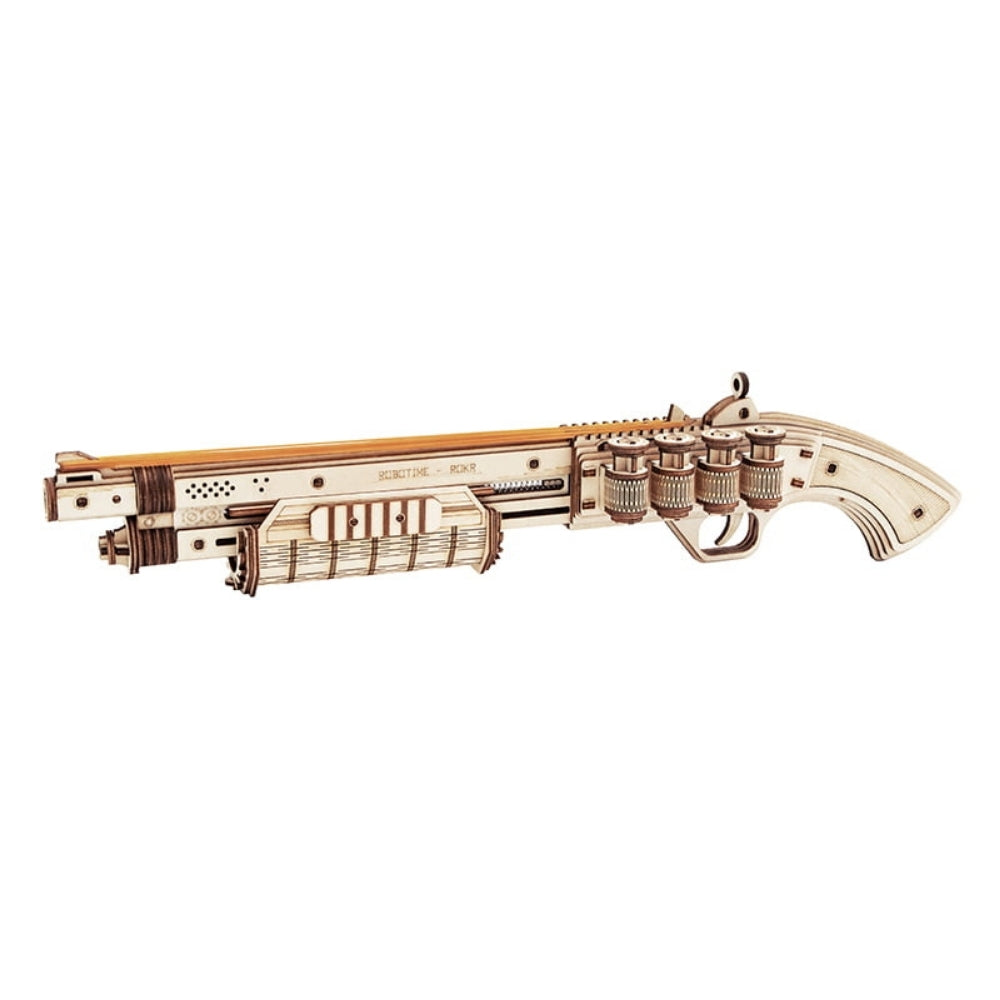 Wooden model of a futuristic gun on a white background