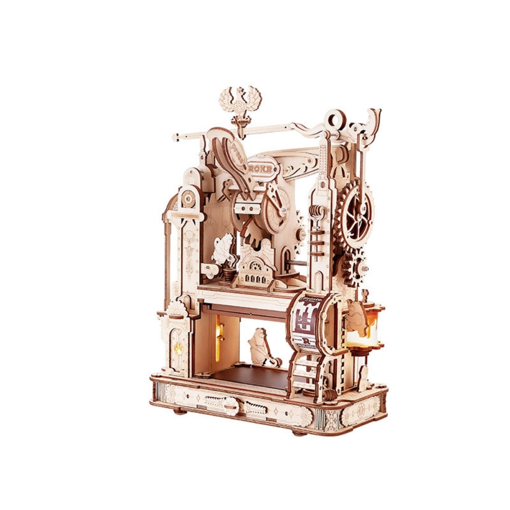 Wooden mechanical model kit on a white background
