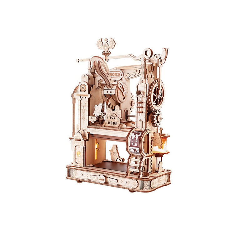 Wooden mechanical model kit on a white background