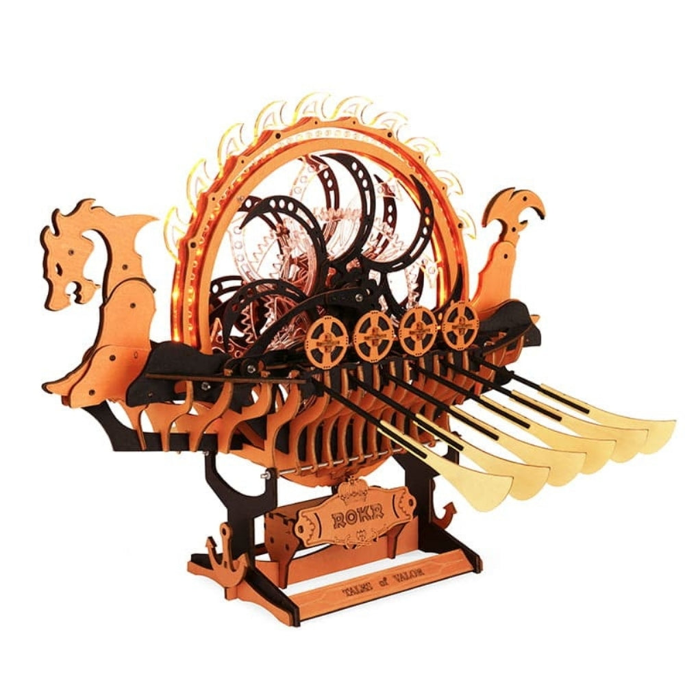 Wooden dragon model with mechanical components on a white background