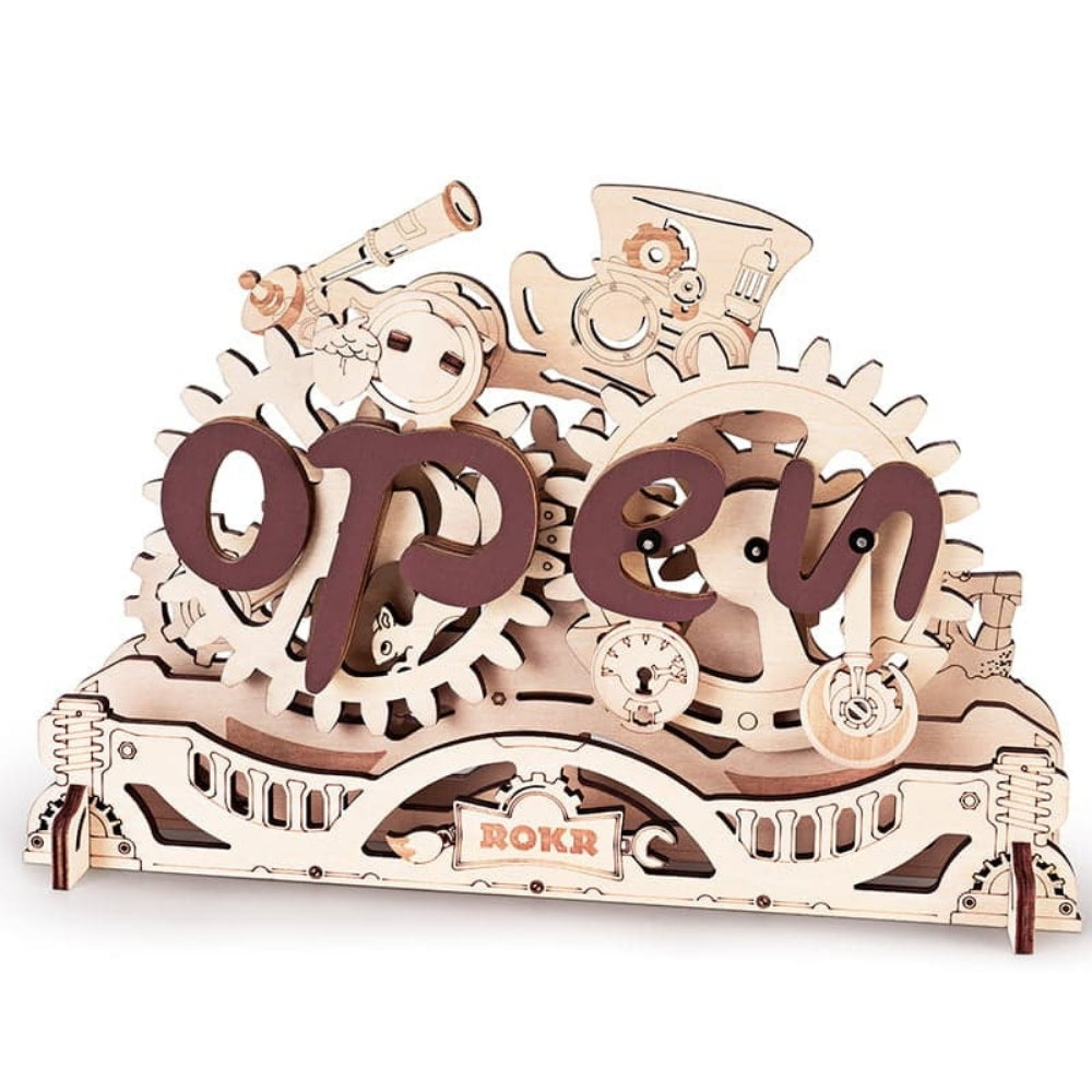 Wooden mechanical model with 'OPEN' text and ROKR branding on a white background