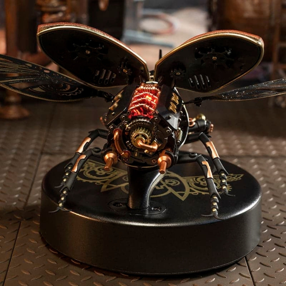 Mechanical bee sculpture with intricate details on a textured surface