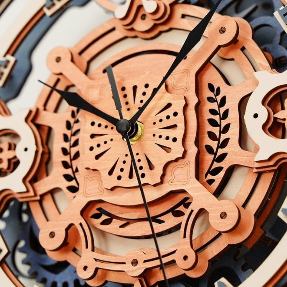Wooden clock with intricate design and black hands on a white background