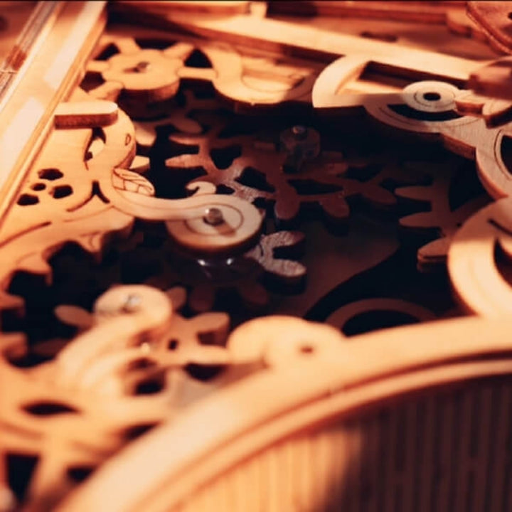 Close-up of wooden mechanical gears and components