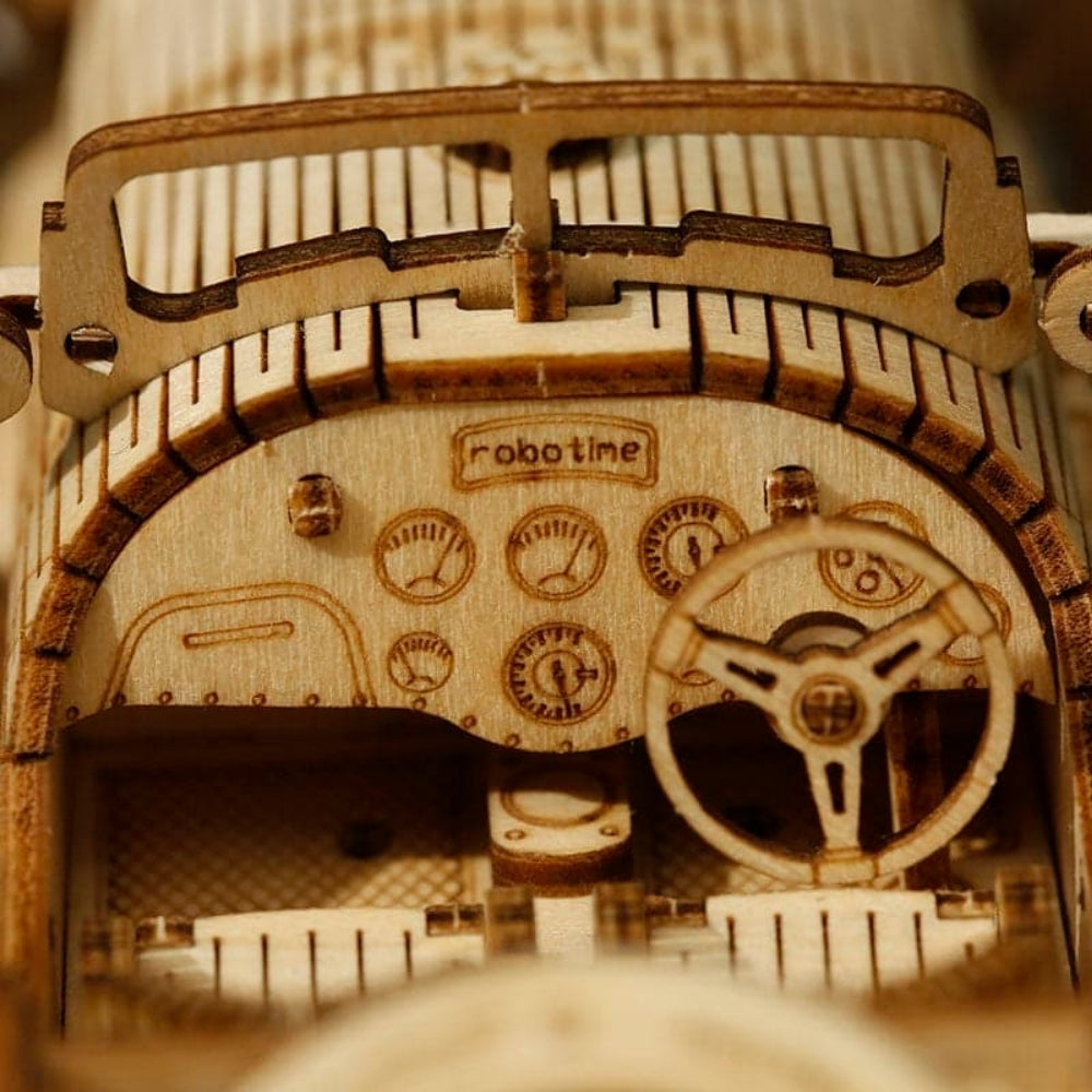 Close-up of a wooden mechanical model with intricate details and 'Robotime' branding.
