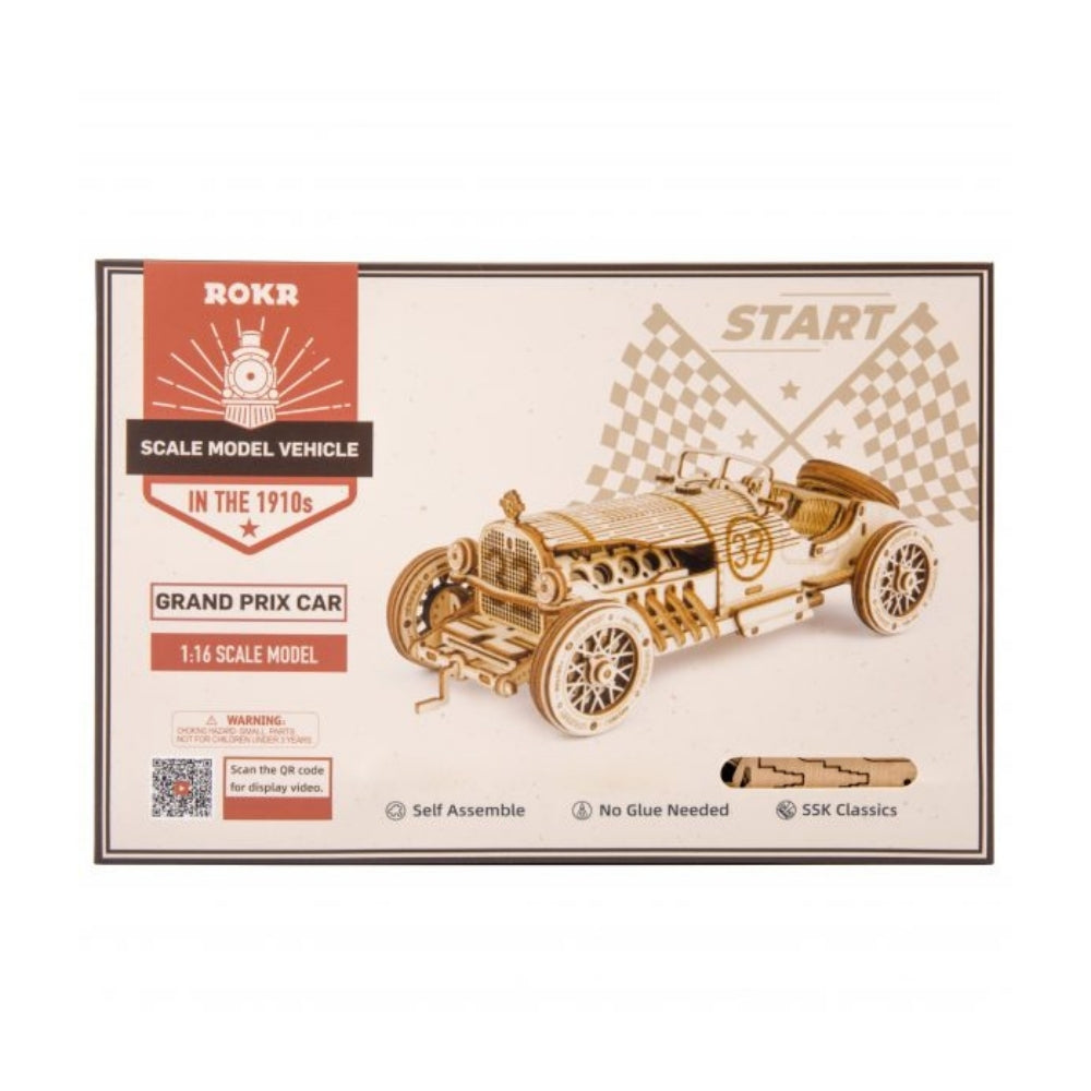 Rokr scale model vehicle packaging for a grand prix car with a checkered flag design.