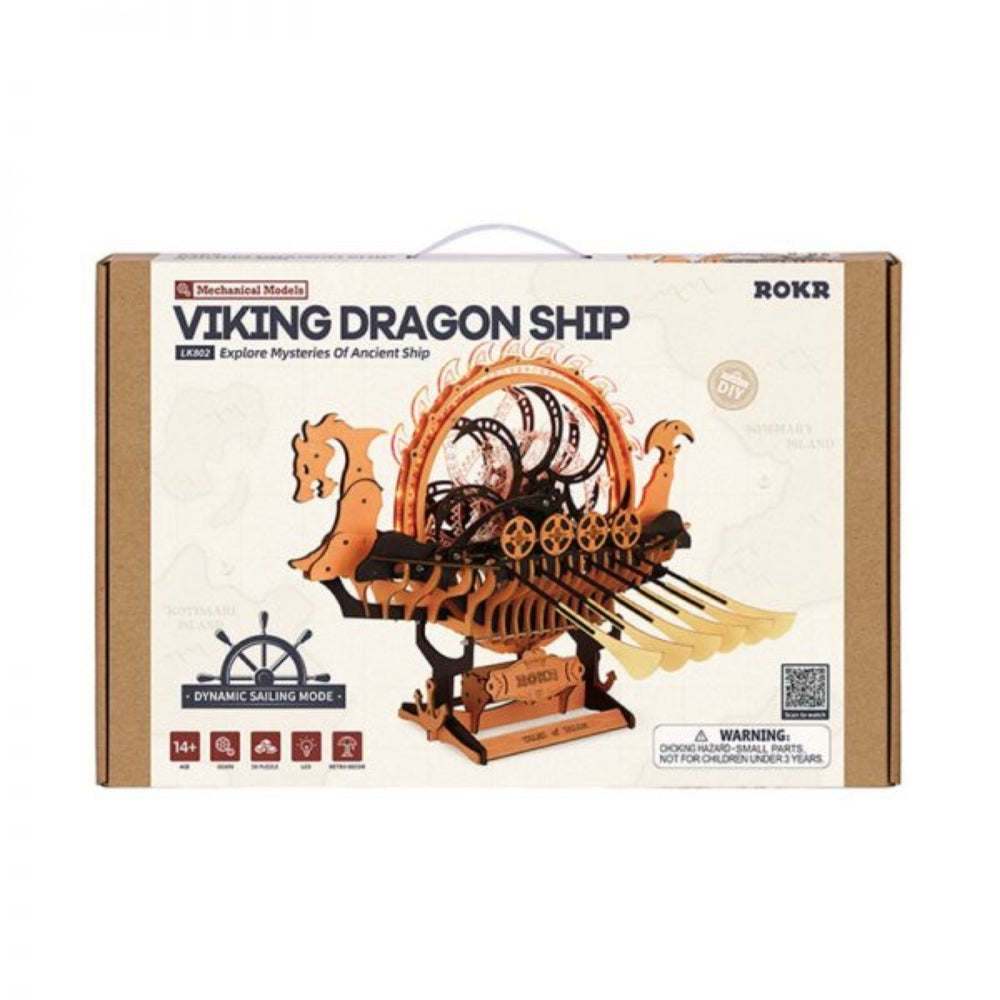 Box of a Viking dragon ship model kit with ROKR branding.