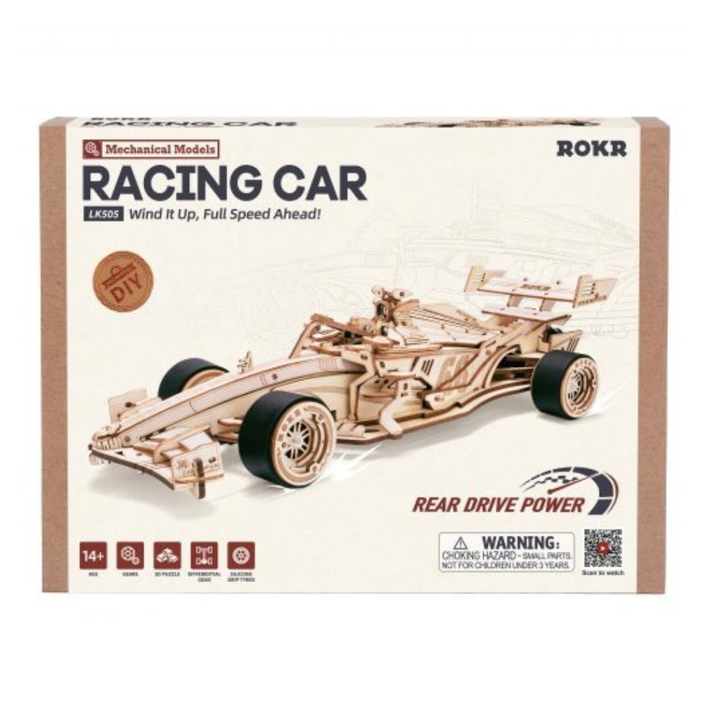 Boxed ROKR racing car model kit with wooden car illustration on a white background