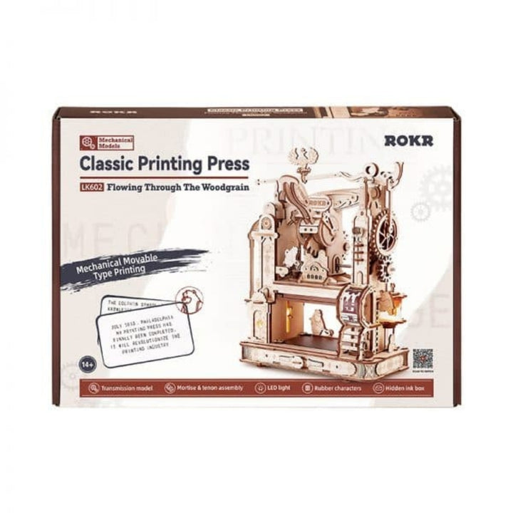 Box of ROKR Classic Printing Press mechanical model on a white background
