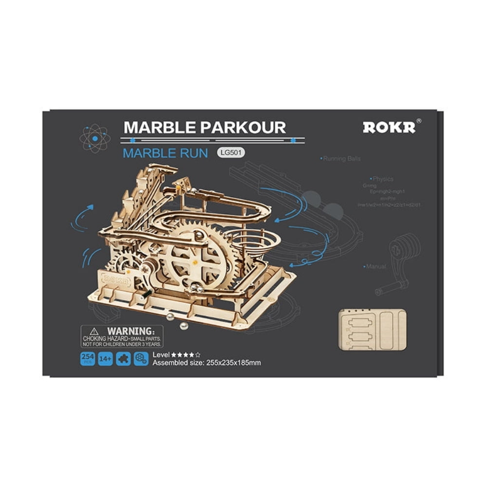 Marble Parkour marble run set by ROKR on a black background
