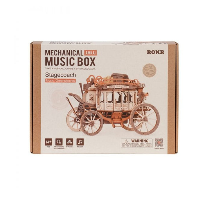 Box of a mechanical music box with stagecoach design on a white background