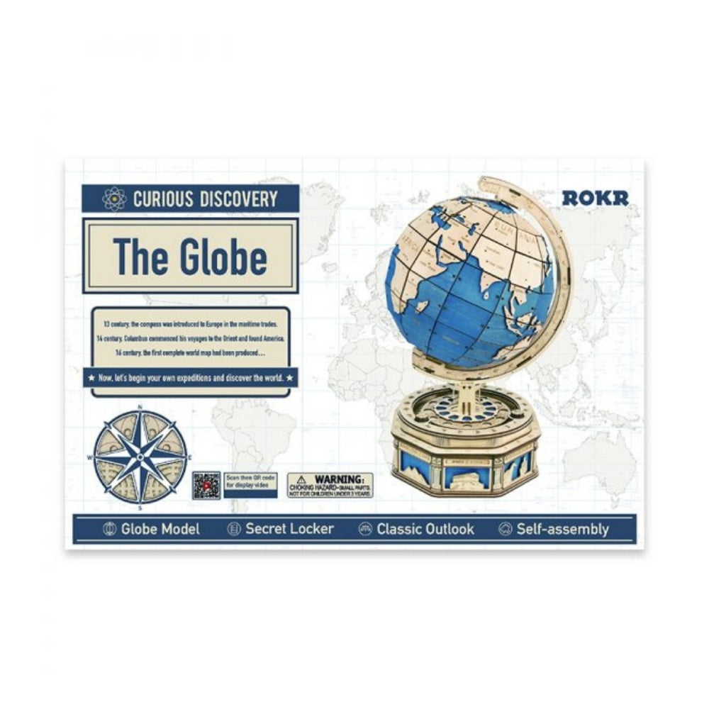 Wooden globe model packaging with ROKR branding on a white background