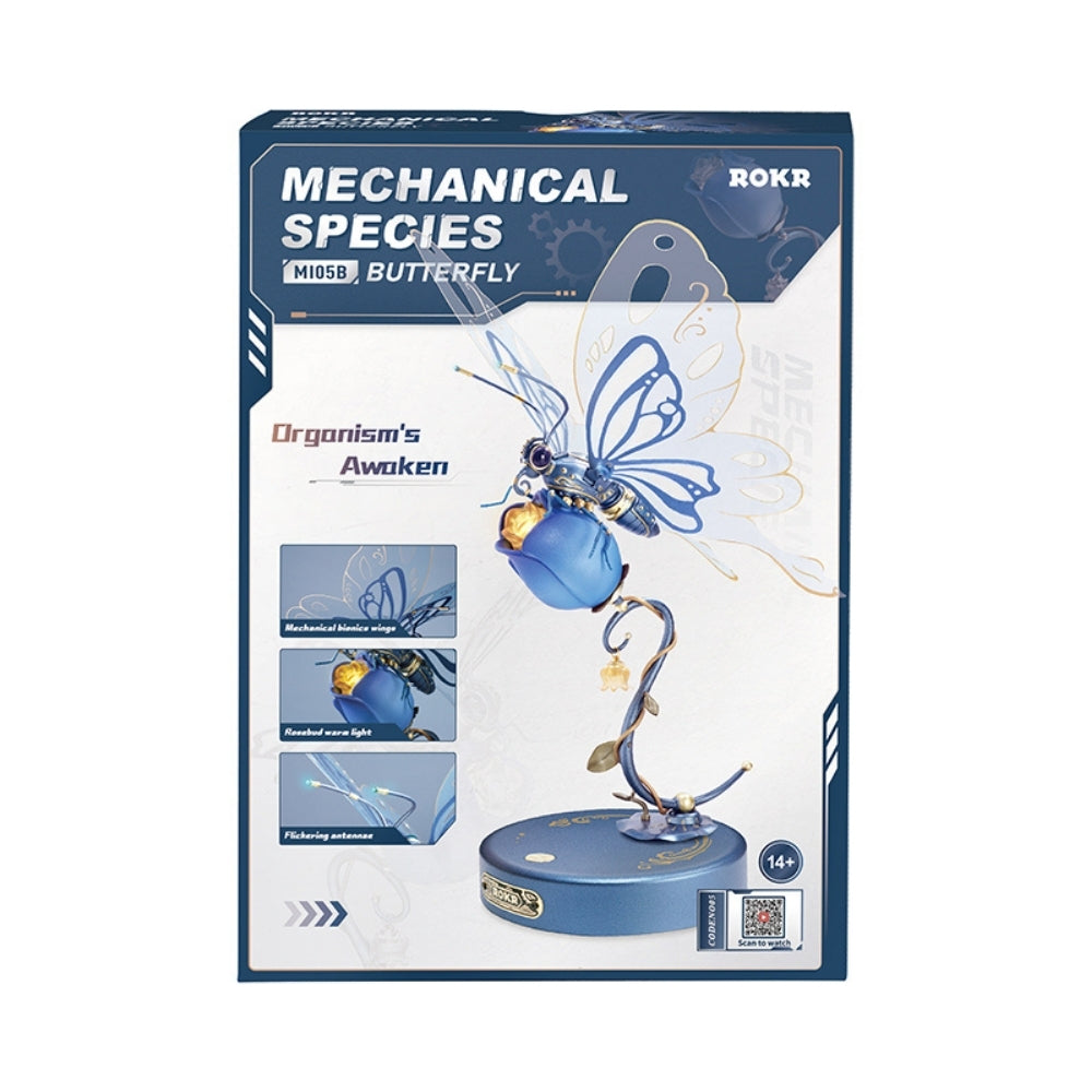Boxed mechanical butterfly toy with 'Mechanical Species' branding on a white background