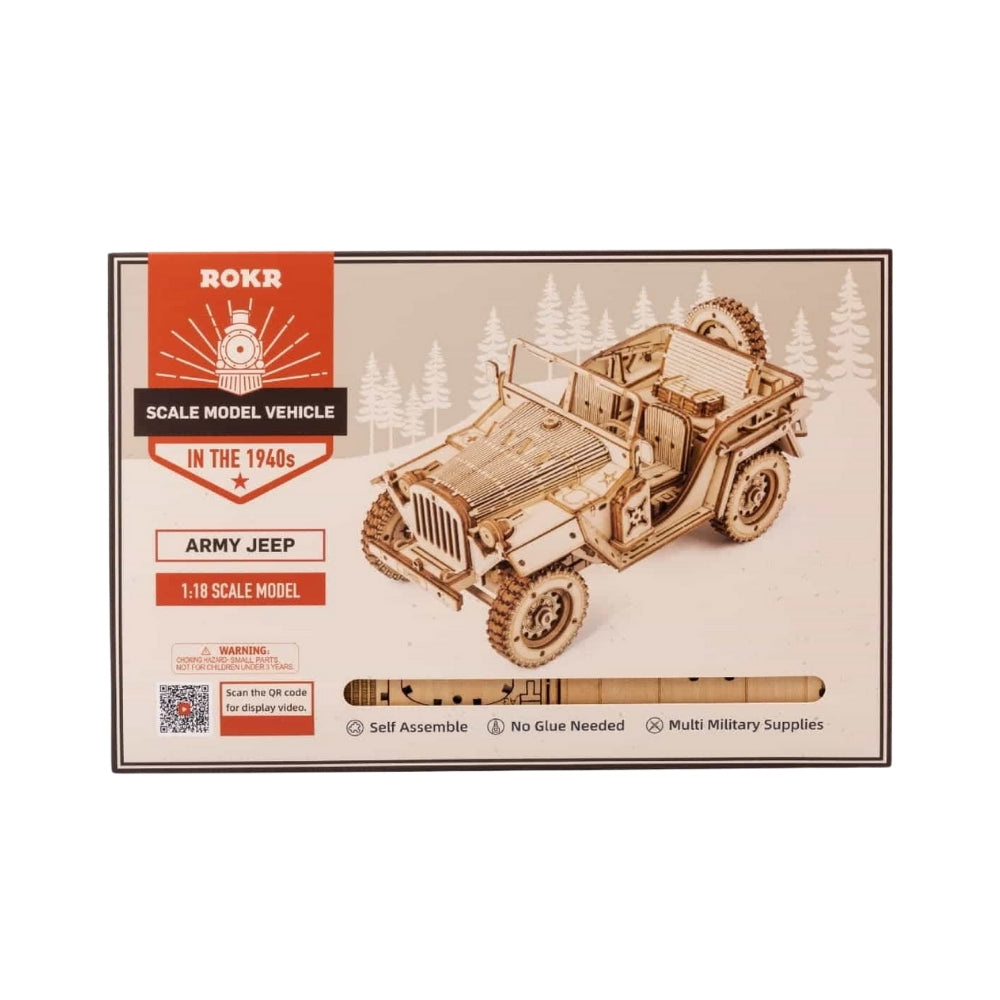 Boxed ROKR model kit of an army jeep with a beige background