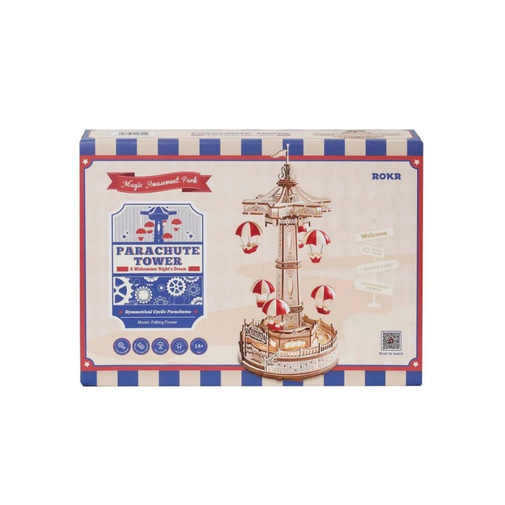 Parachute tower model kit packaging with ROKR branding on a white background