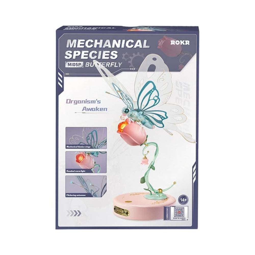 Boxed mechanical butterfly toy with 'Mechanical Species' branding on a white background