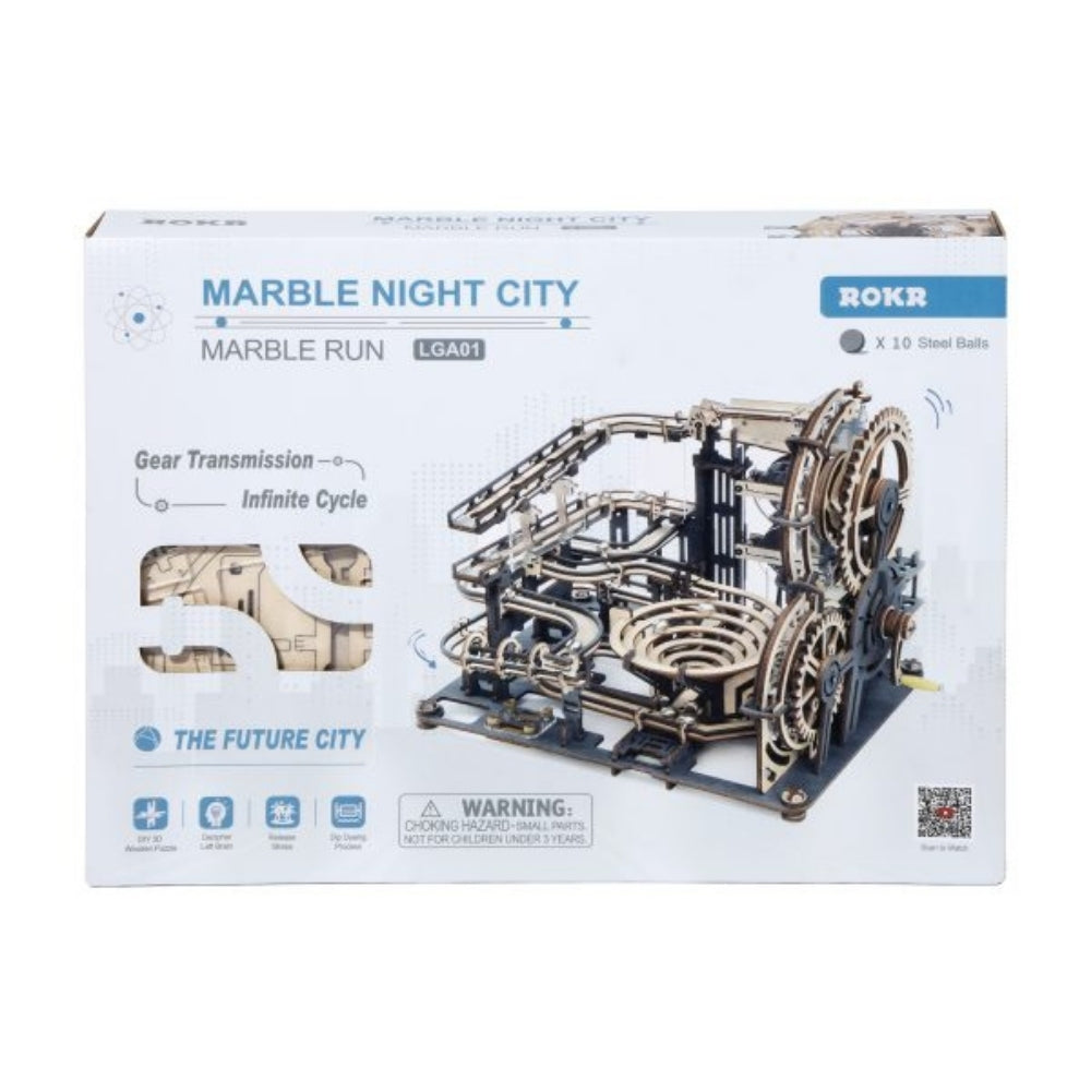 Marble run toy set packaging with ROKR branding on a white background