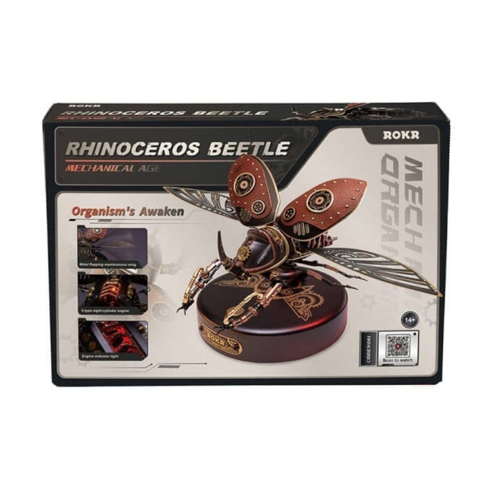 Boxed ROKR Mecha Organ Rhinoceros Beetle mechanical model on a white background