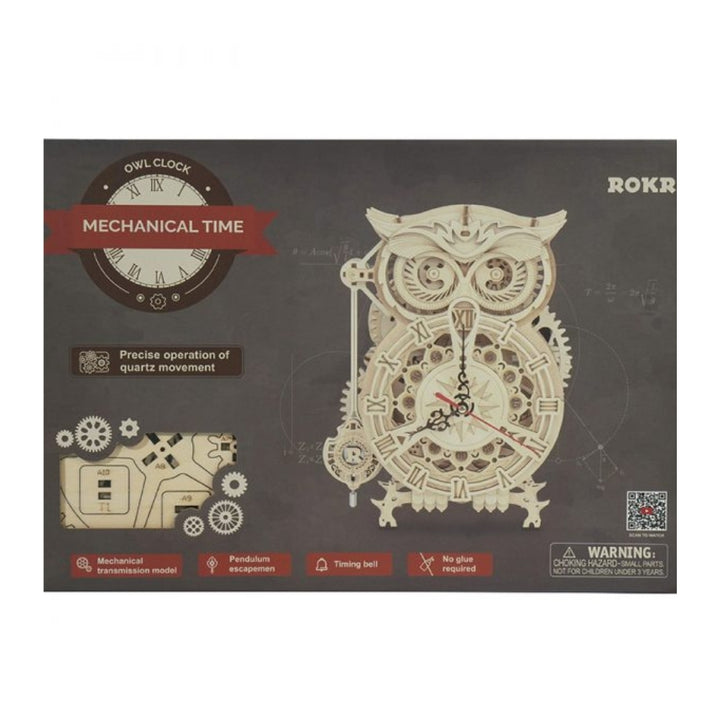 Owl-shaped mechanical clock on ROKR packaging with technical details.