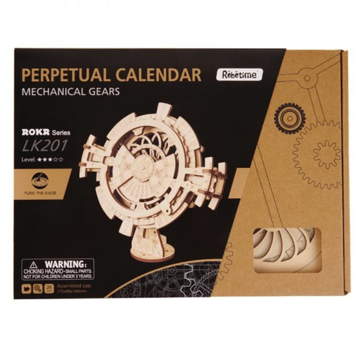 Box of a perpetual calendar with mechanical gears featuring the Rebitime brand.