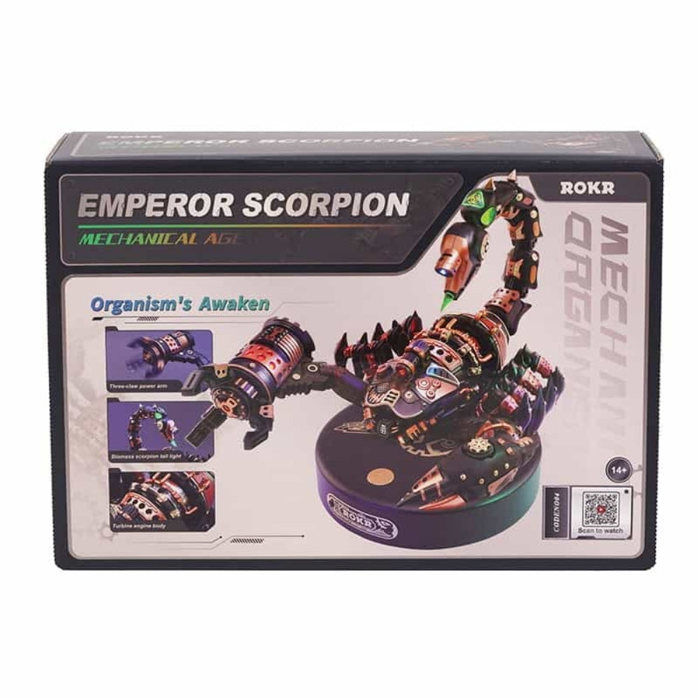 Box of a 'Emperor Scorpion' mechanical toy by ROKR on a white background