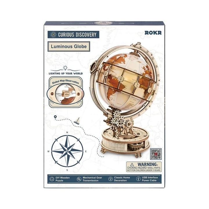 ROKR Luminous Globe packaging with world map and compass illustration on a white background