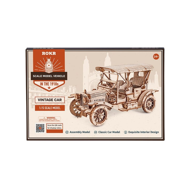 Rokr vintage car model kit packaging on a white background