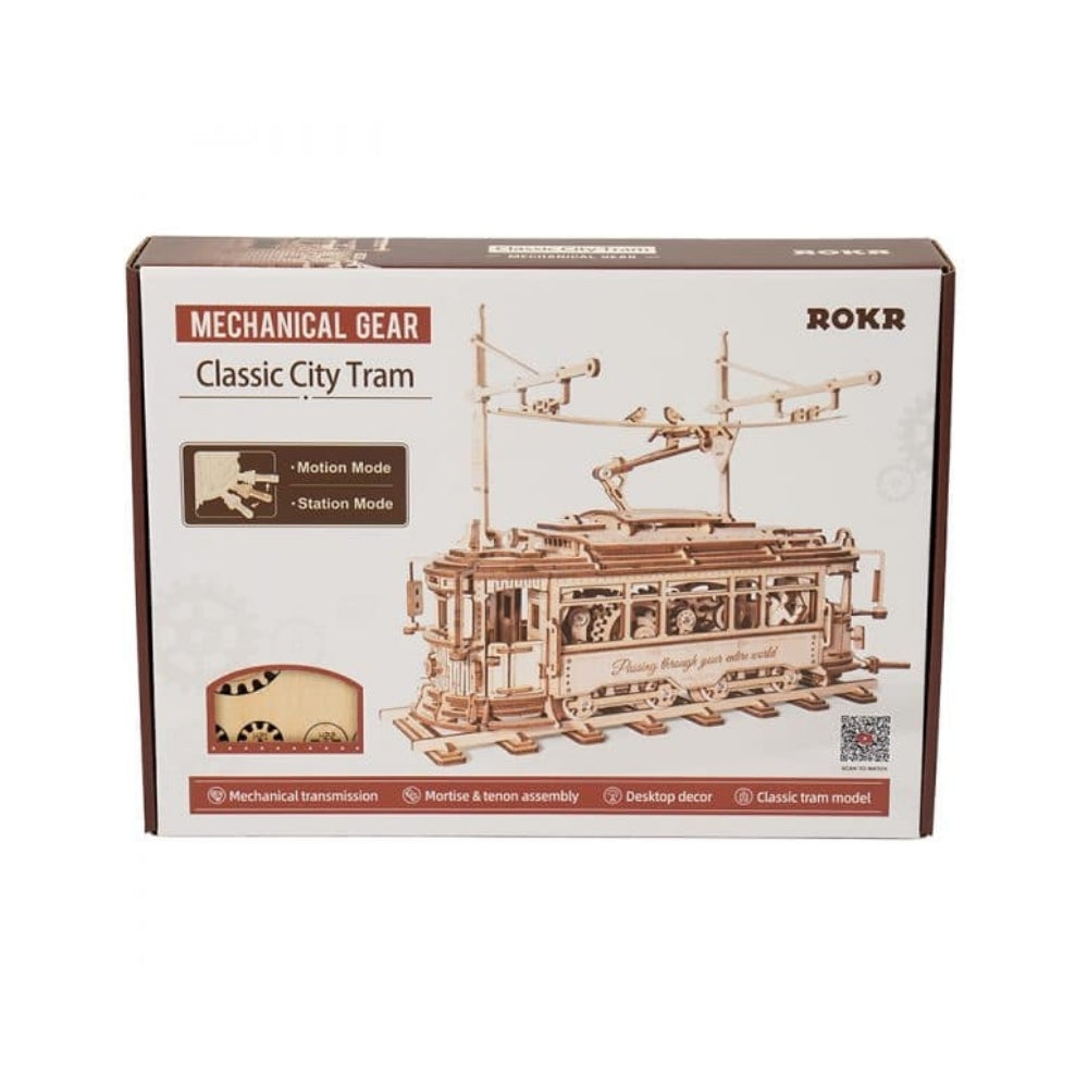 Box of ROKR mechanical gear classic city tram model on a white background