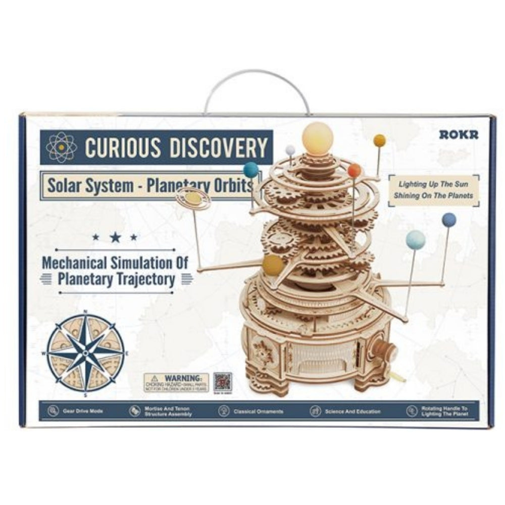 Box for a wooden solar system model kit with planetary orbits and mechanical simulation.