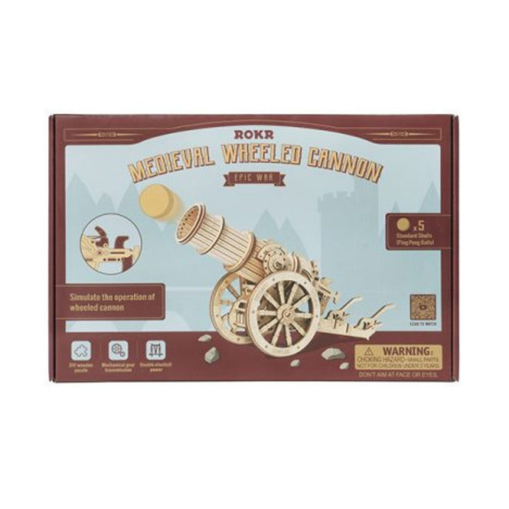 Box for a ROKR medieval wheeled cannon model kit on a white background