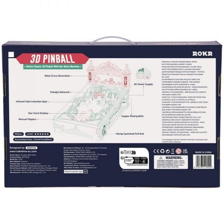 Back view of a ROKR 3D Pinball product packaging with diagrams and text.