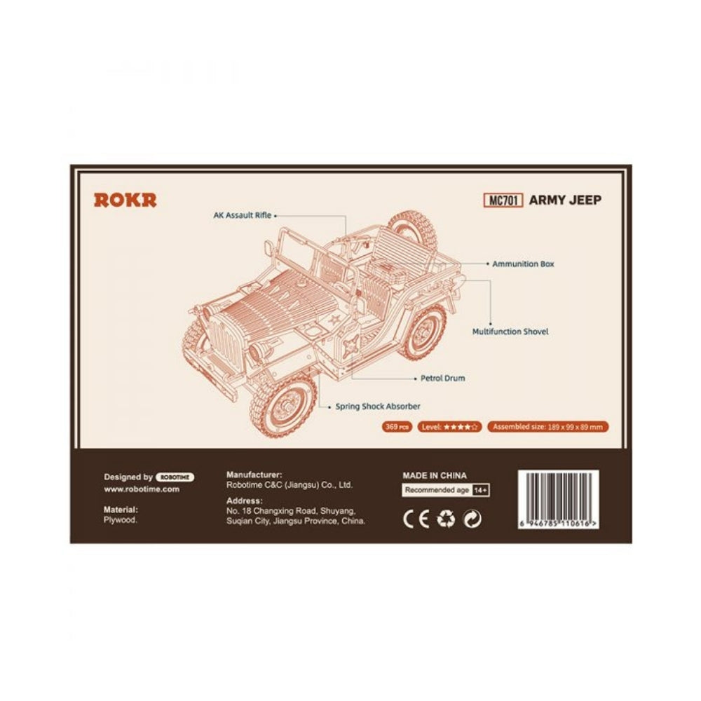 Box for a toy army jeep with ROKR branding on a white background