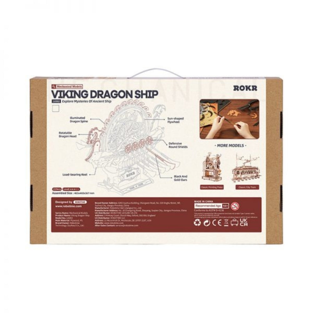 Box for a Viking Dragon Ship model kit by ROKR on a white background