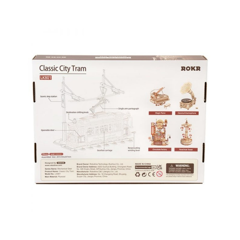 Box packaging of a classic city tram model by ROKR on a white background