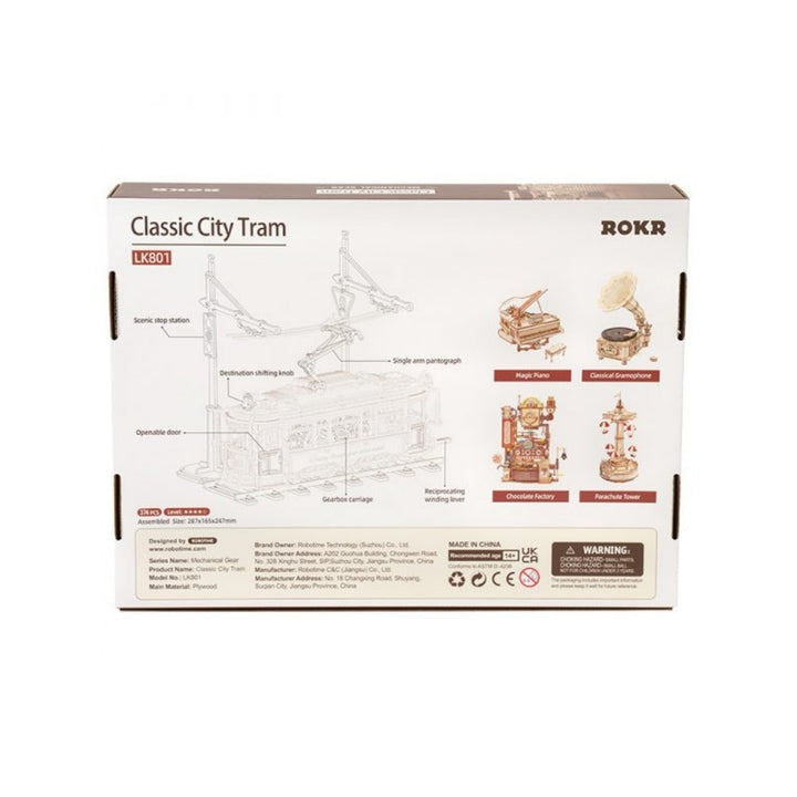 Box packaging of a classic city tram model by ROKR on a white background