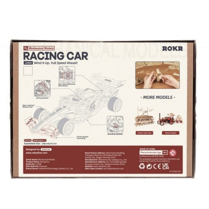 Box for a ROKR racing car mechanical model kit on a white background